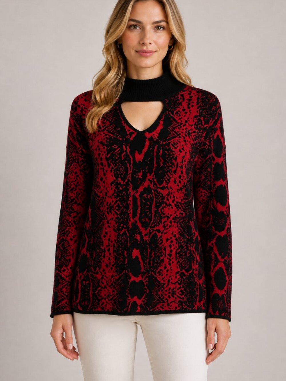 Inner Circle 2X Red Black Snakeskin Print Cutout Mock Neck Sweater